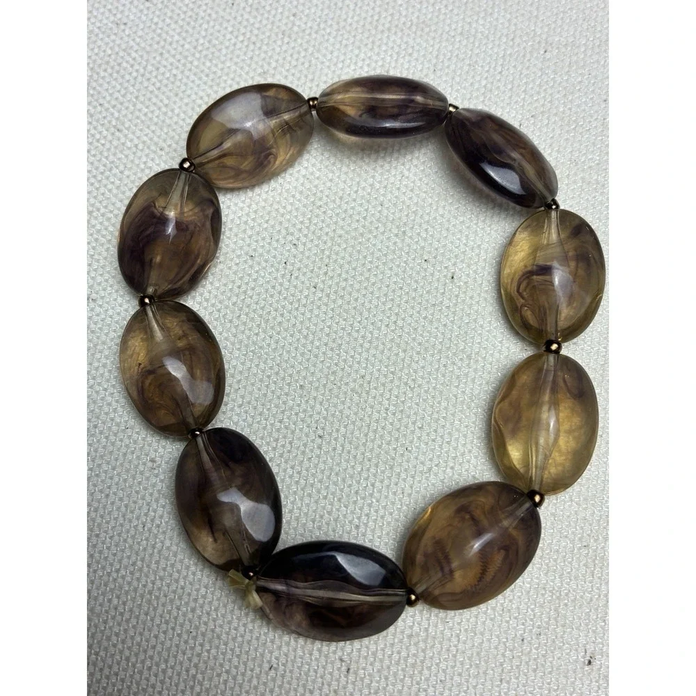 Vintage Marbled Lucite Acrylic Stretch Bracelet Set Brown Amber Purple Beads
